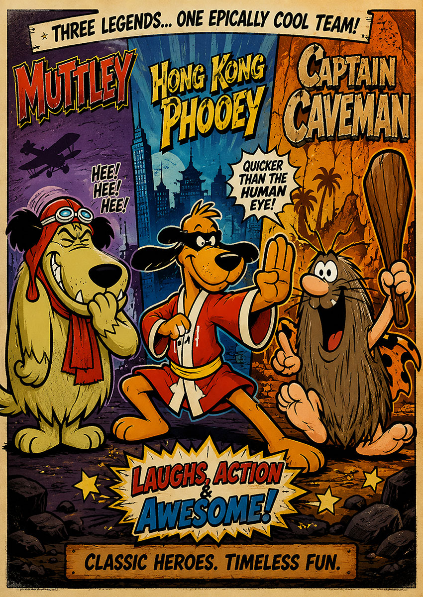 Vintage pop art illustration featuring Muttley, Hong Kong Phooey and Captain Caveman in a vibrant cartoon style